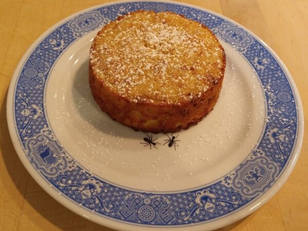 A small breakfast cake, dusted with powdered sugar and sitting on a plate.